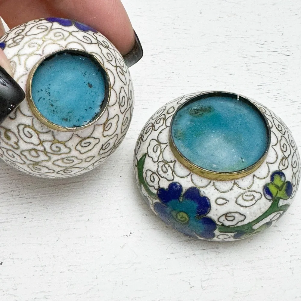 Blue Floral Cloisonné Salt and Pepper Shaker Cellar Vintage Stackable Brass